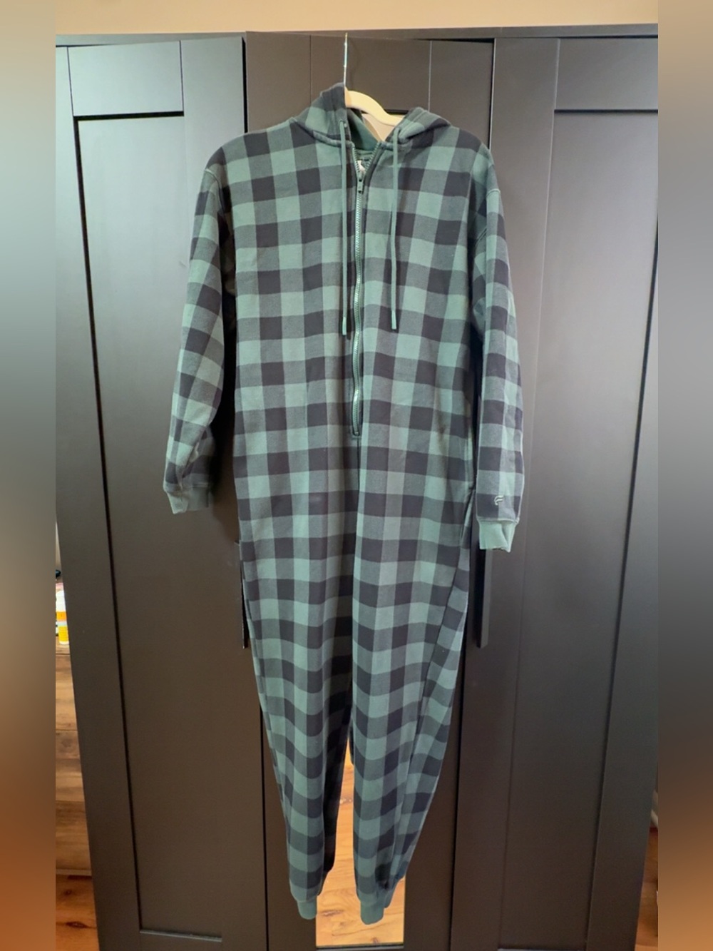 Fabletics Green and Black Plaid Hooded One-Piece Pajamas